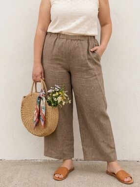 EILEEN FISHER Organic Linen Wide Leg Crop Pants Natural Tan XL